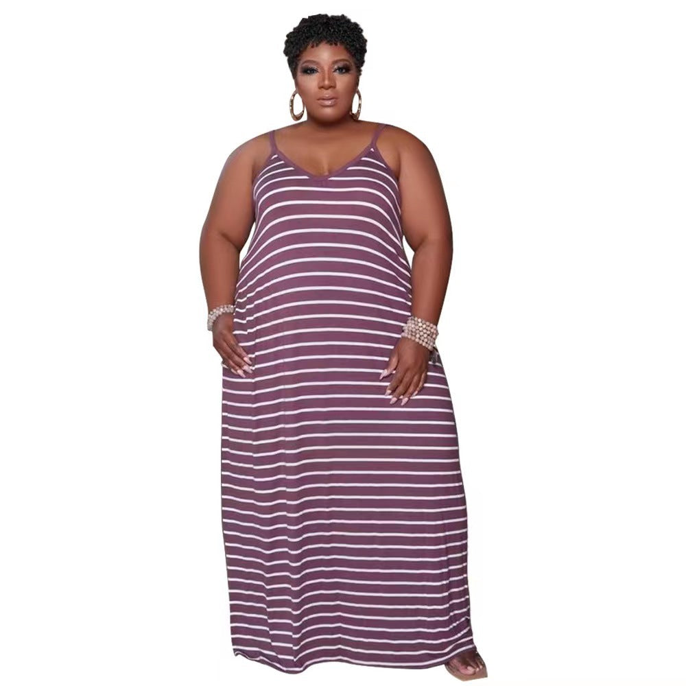 BamBam Stripe Print Dress Plus Size Women's Loungewear Loose Dress - BamBam