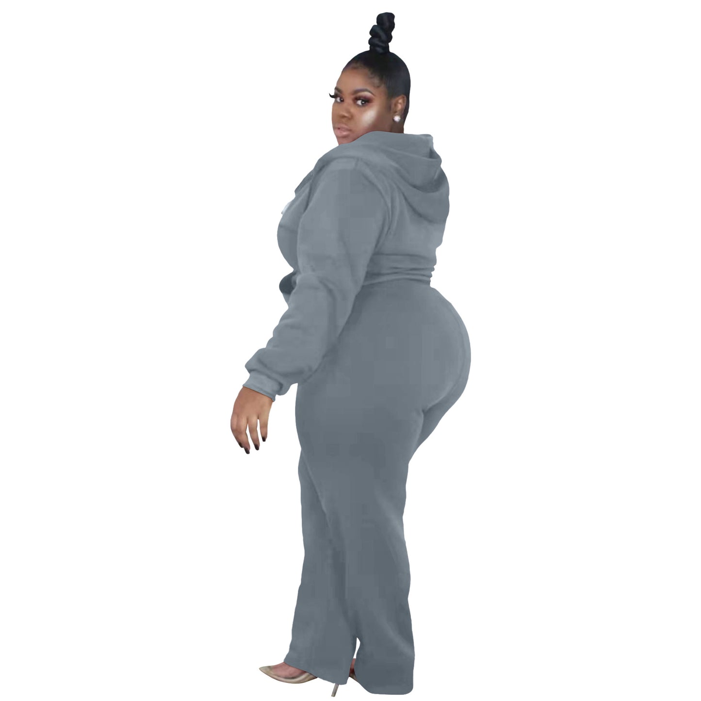 BamBam Plus Size Women's Fashion Casual Solid Color Autumn And Winter Hooded Two Piece Tracksuit - BamBam