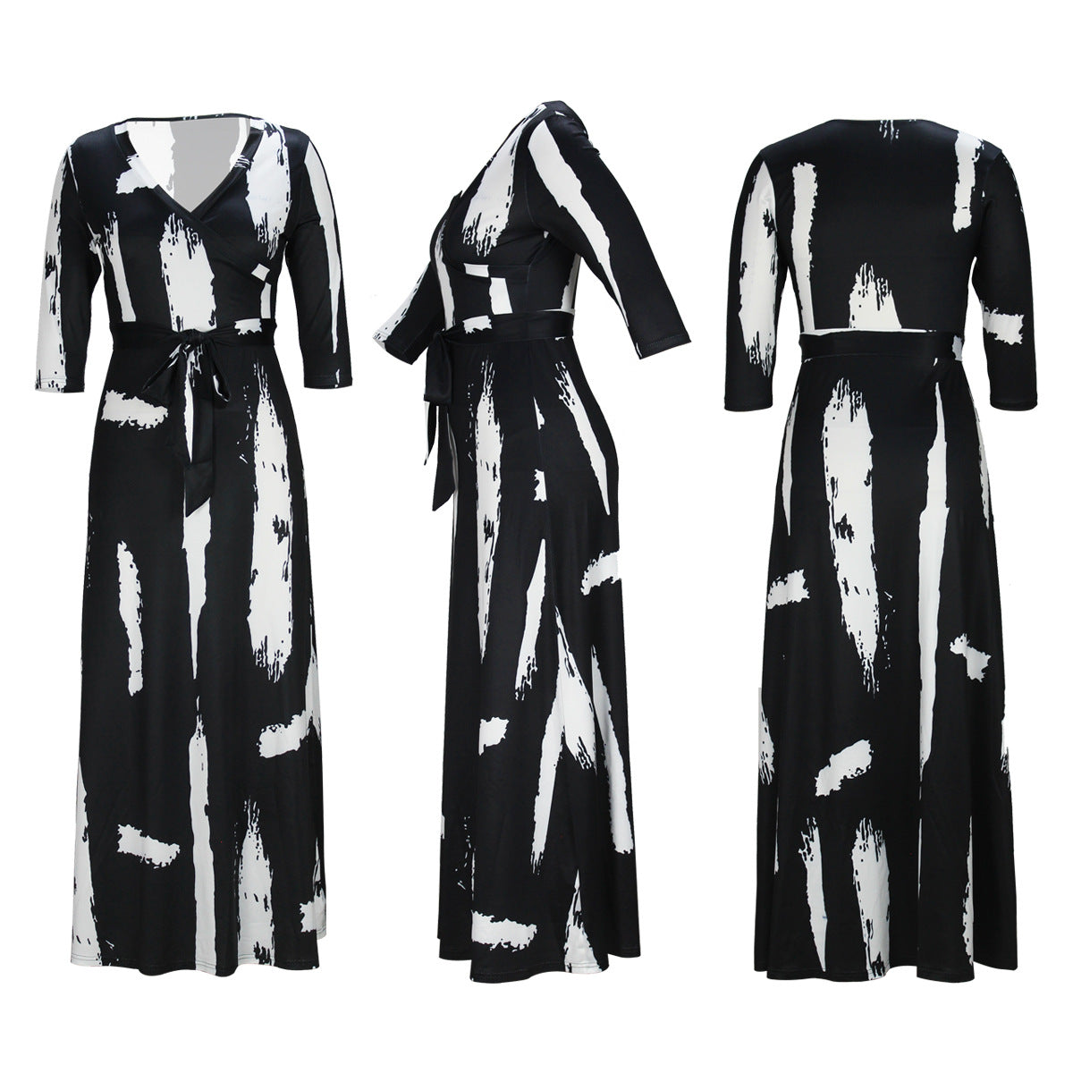 BamBam Spring And Autumn Fashion Women's Wrap V-Neck Elegant Half-Sleeve Printed Long Dress - BamBam