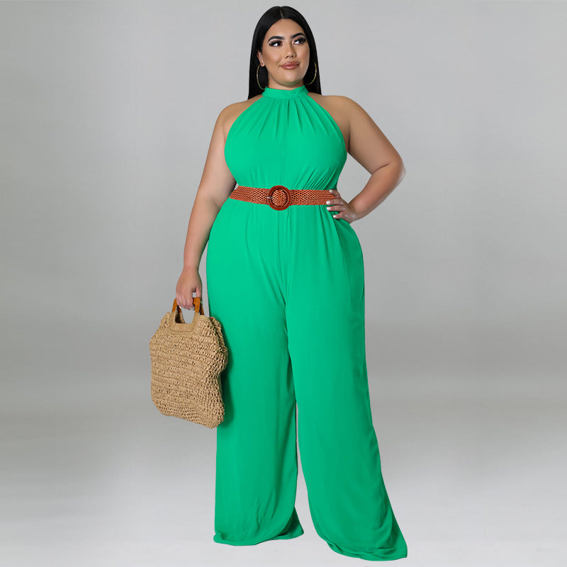 BamBam Plus Size Women's Casual Solid Color Belted Jumpsuit - BamBam Clothing