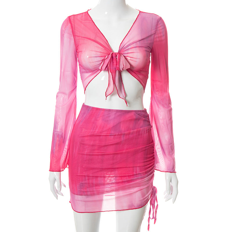 BamBam Ladies Spring Tie Dye Printed V-Neck Crop Pleated Mesh Skirt Suit Women - BamBam