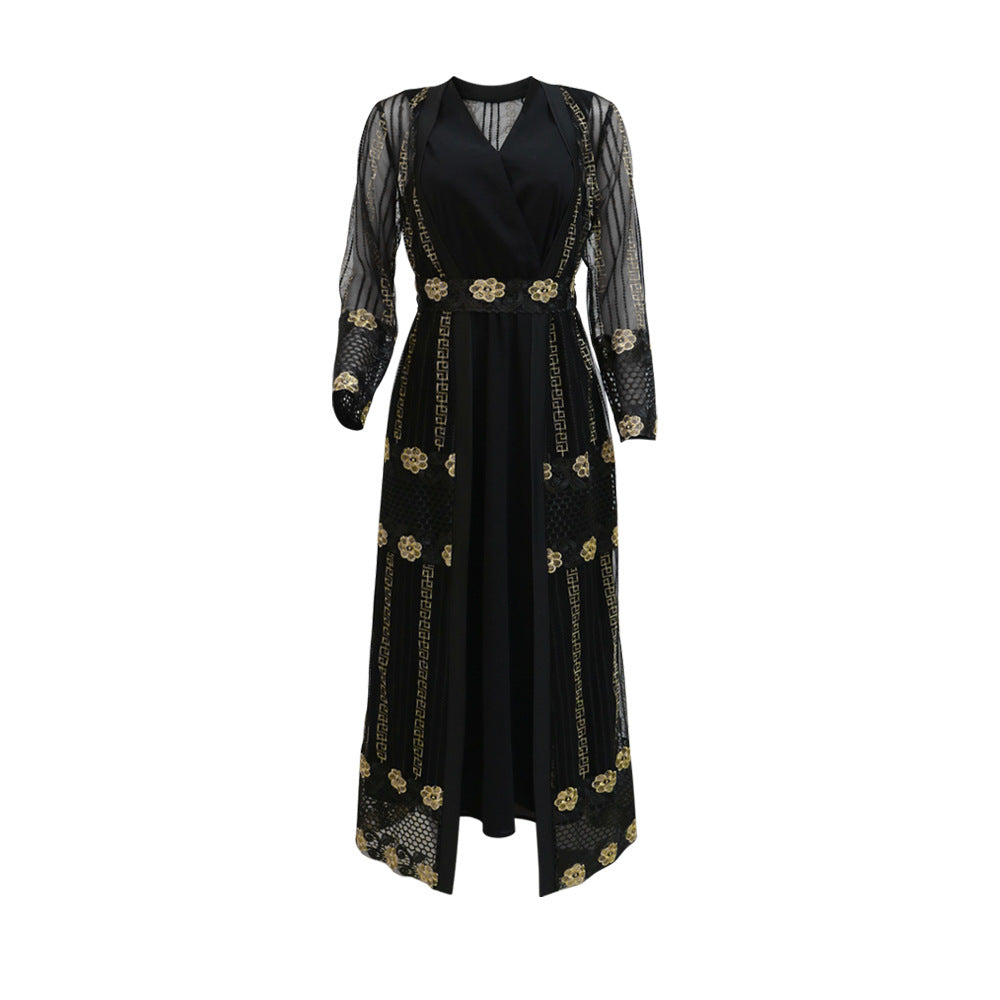 BamBam Embroidered mesh jacket with chiffon sundress suit kaftan dress - BamBam