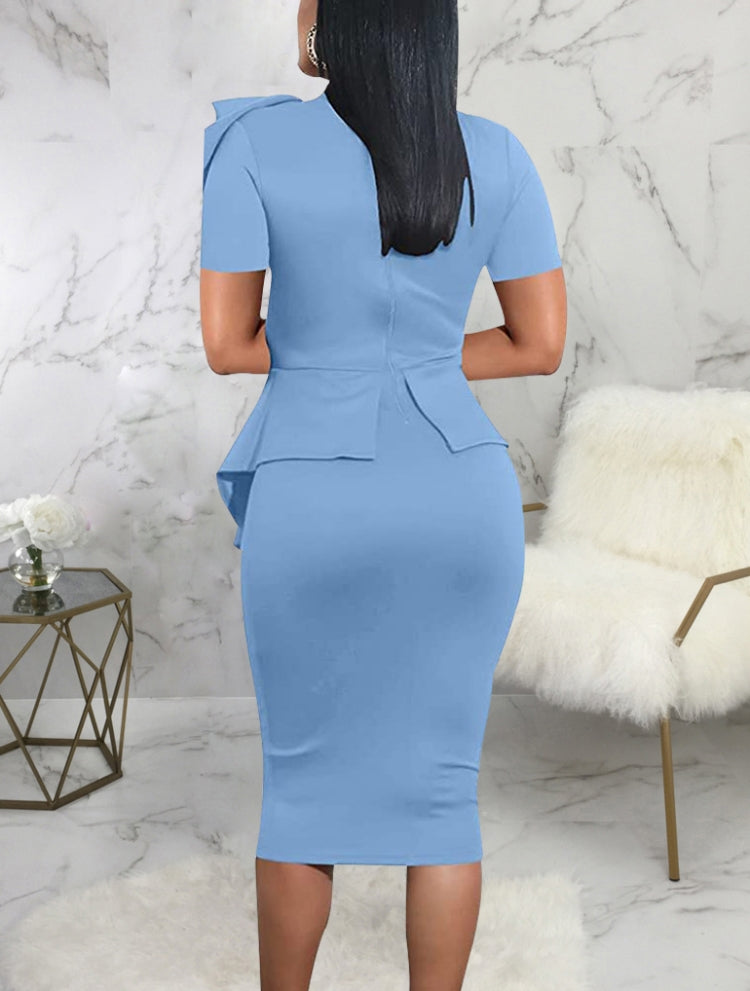 BamBam Women Summer Blue Formal Bow Short Sleeves Solid Knee-Length Office Dress - BamBam