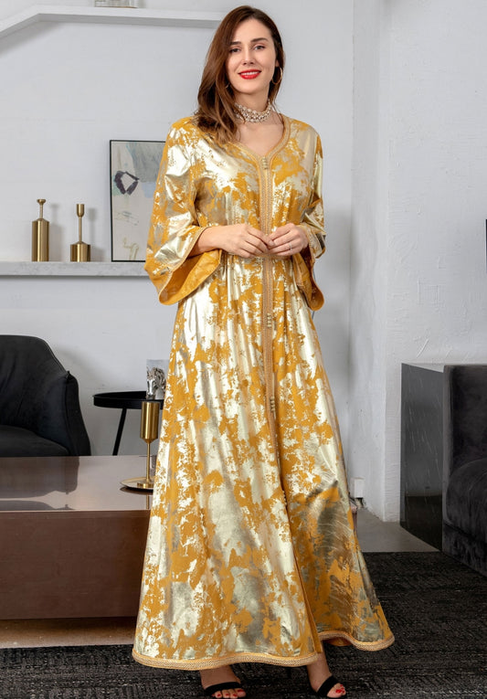 Spring Golden Printed Yellow V-neck Long Middle East Dubai Muslim Dresses