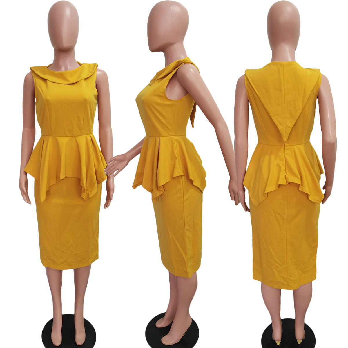 BamBam Women's Solid Color Double Collar Sleeveless Ruffle Dress - BamBam