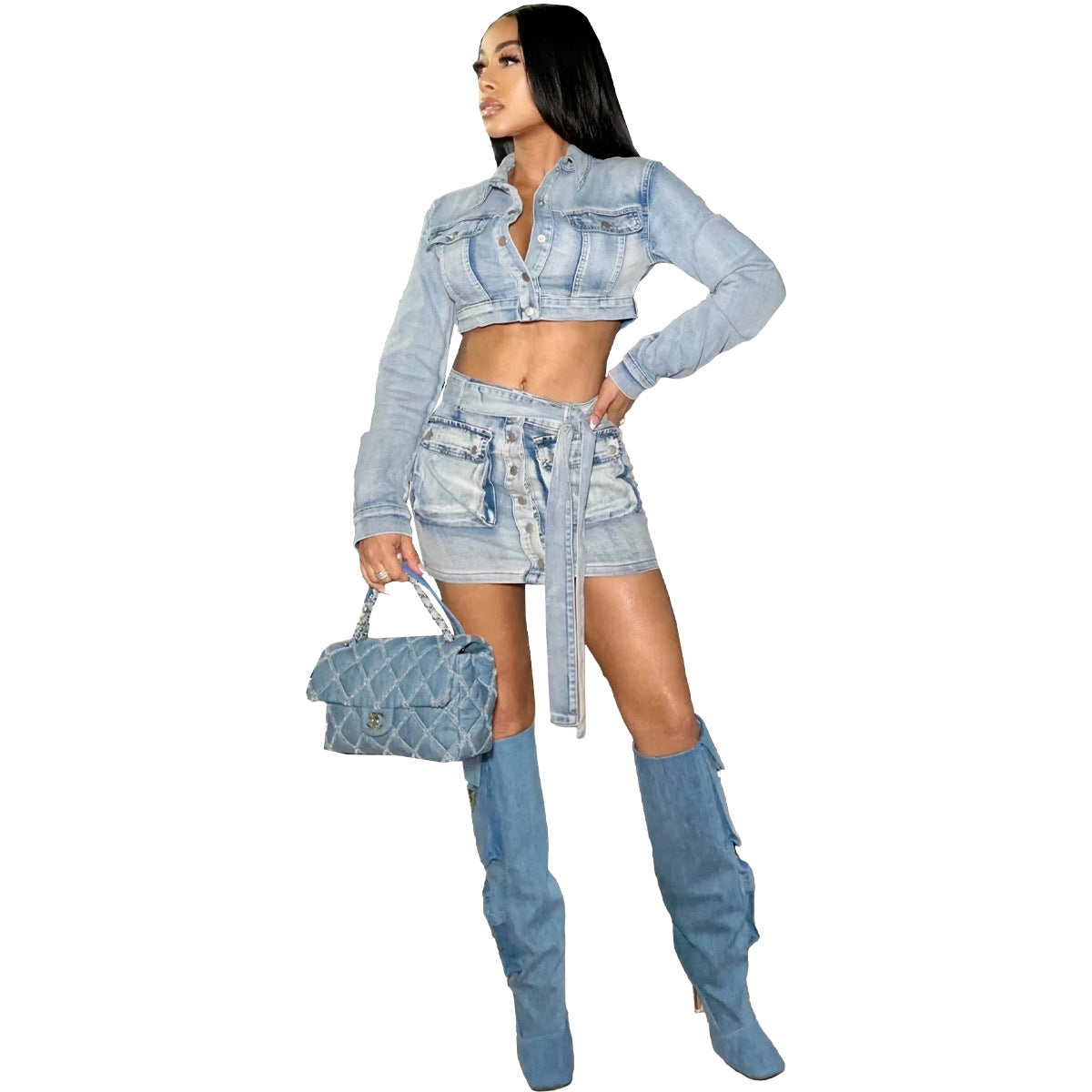 BamBam Fashion Washed Denim Belt Pocket Two Piece Skirt Suit - BamBam