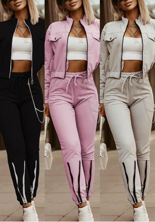 Women's Zipper Long-Sleeved Top Drawstring Pants Casual Two-Piece Suit