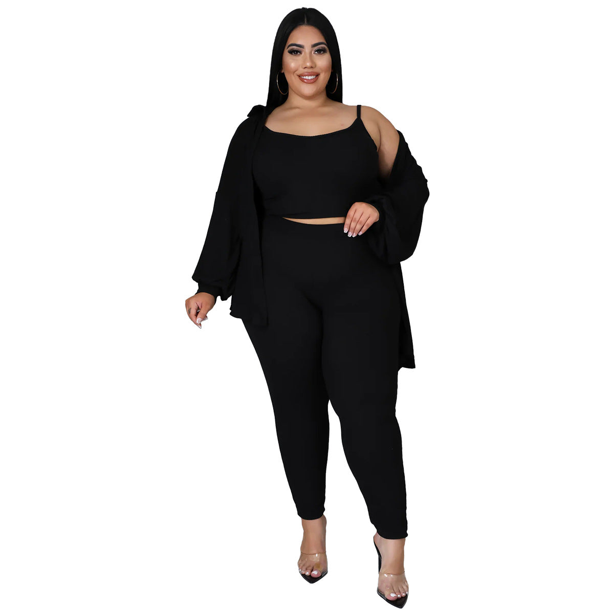 BamBam Plus Size Women Ribbed Solid Color Three-Piece Casual Sexy Pants Set - BamBam