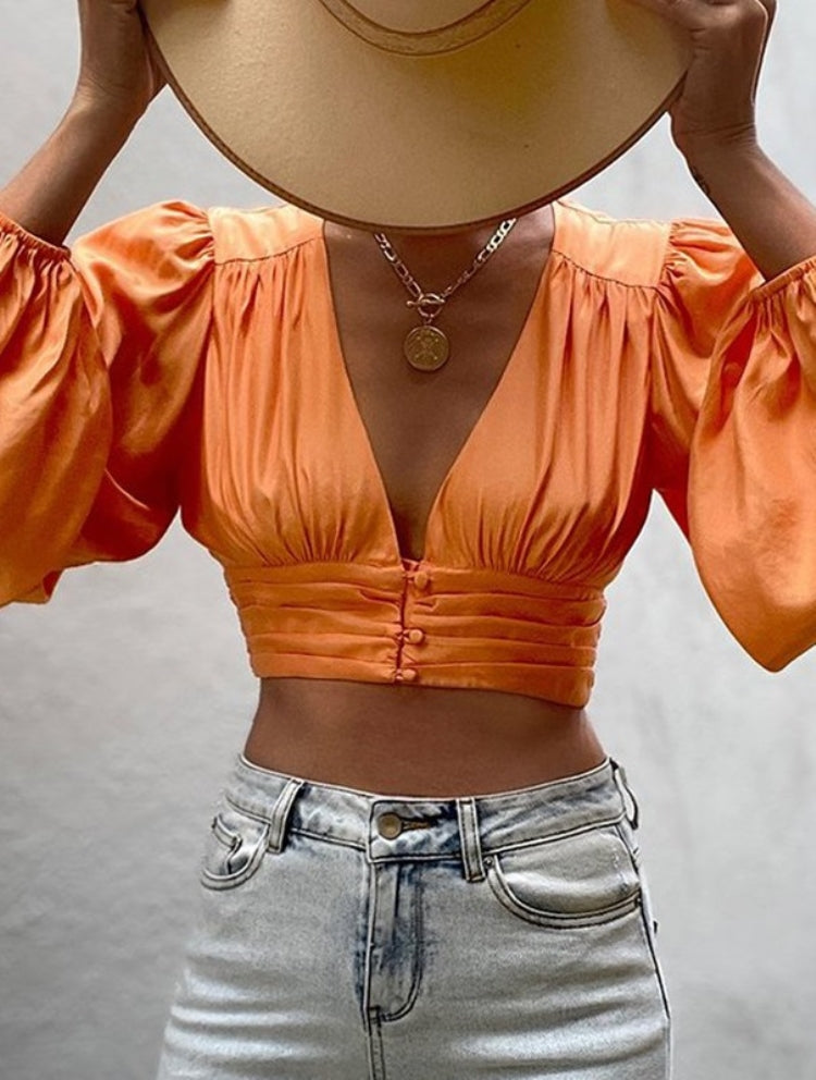 Autumn Casual Orange Puff Sleeve V-Neck Crop Top