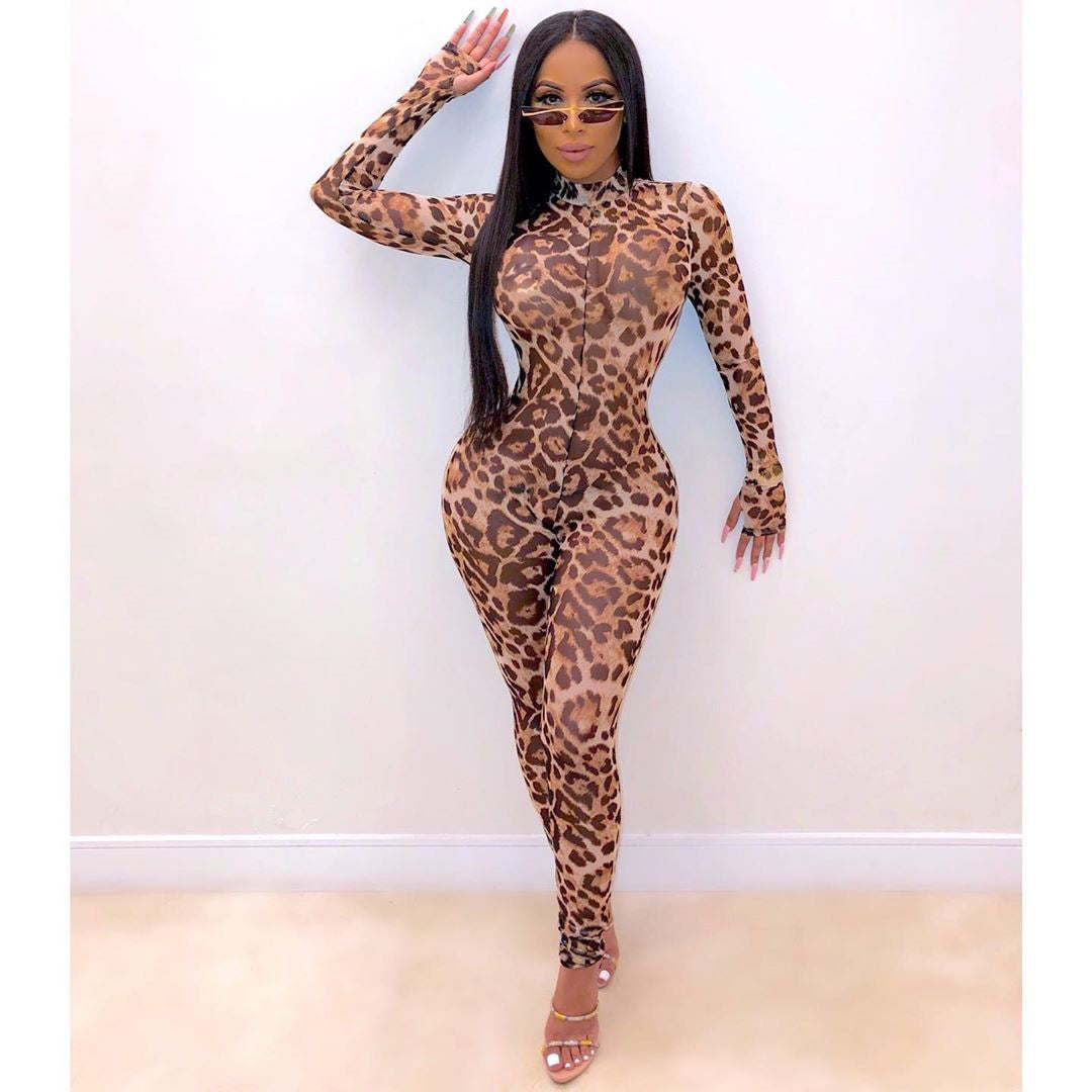 BamBam Women's Sexy See-Through Mesh Leopard Long Sleeve Jumpsuit - BamBam Clothing