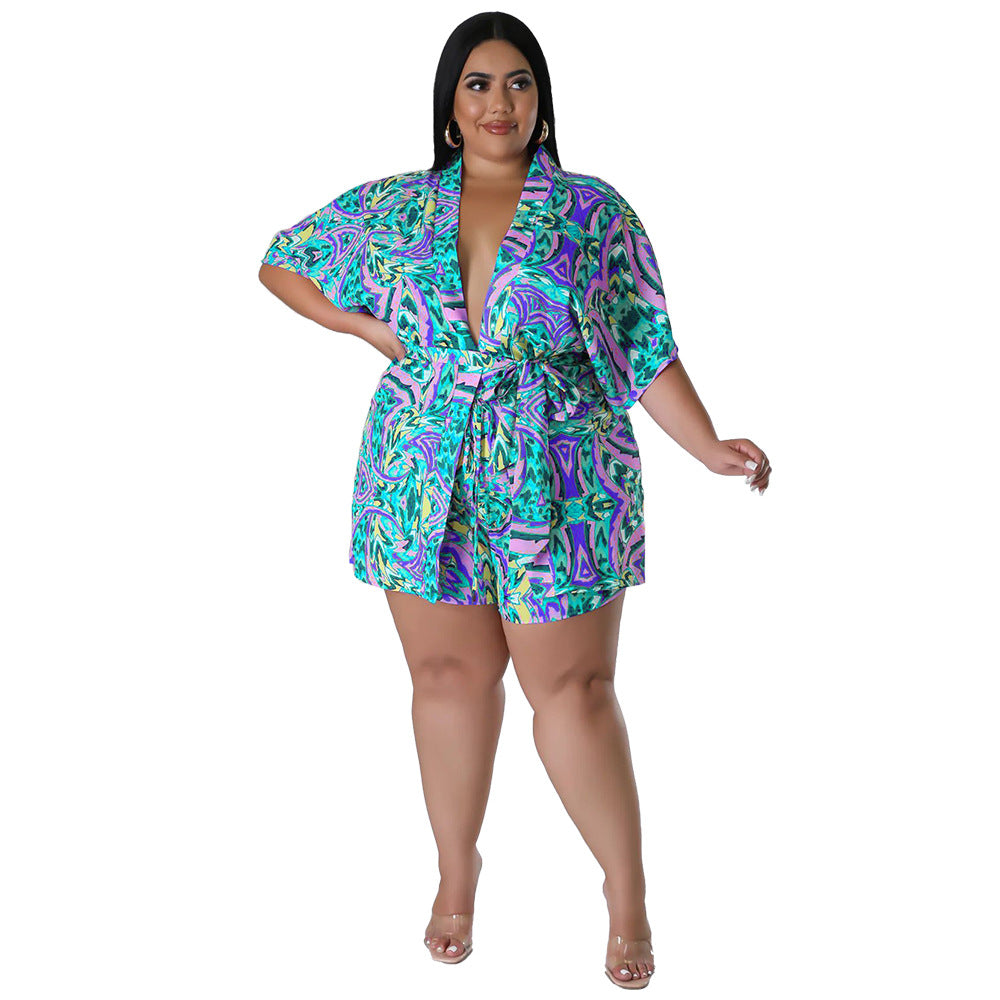 BamBam Summer Plus Size Loose Print Blouse Lace-Up Shorts Multi-Color Two-Piece Set - BamBam