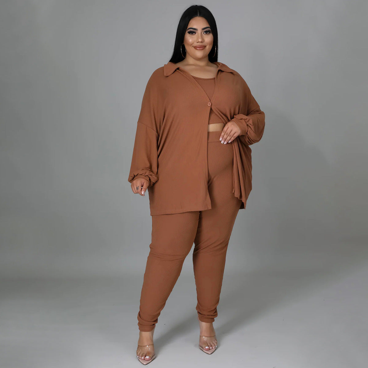 BamBam Plus Size Women Ribbed Solid Color Three-Piece Casual Sexy Pants Set - BamBam