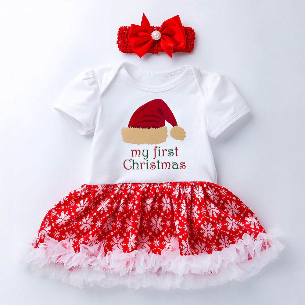 BamBam Christmas Girl Christmas Tree Socks Deer Head Short Sleeve Top and Skirt Two Piece Set - BamBam