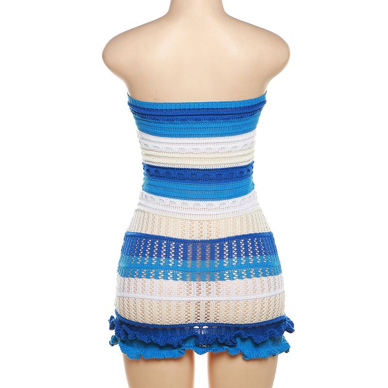 BamBam Summer Women Sexy Strapless Backless Color Block Lace Knitting Dress - BamBam