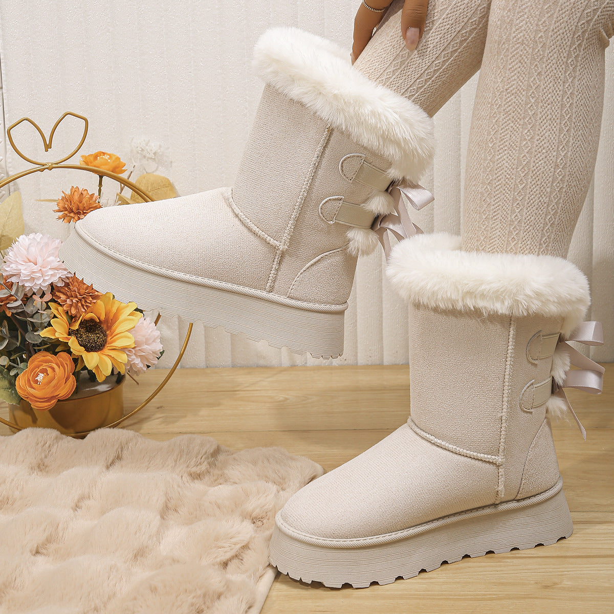 BamBam Women's Fur Snow Boot Winter Fashion Versatile Velvet Warm Flat Shoes - BamBam