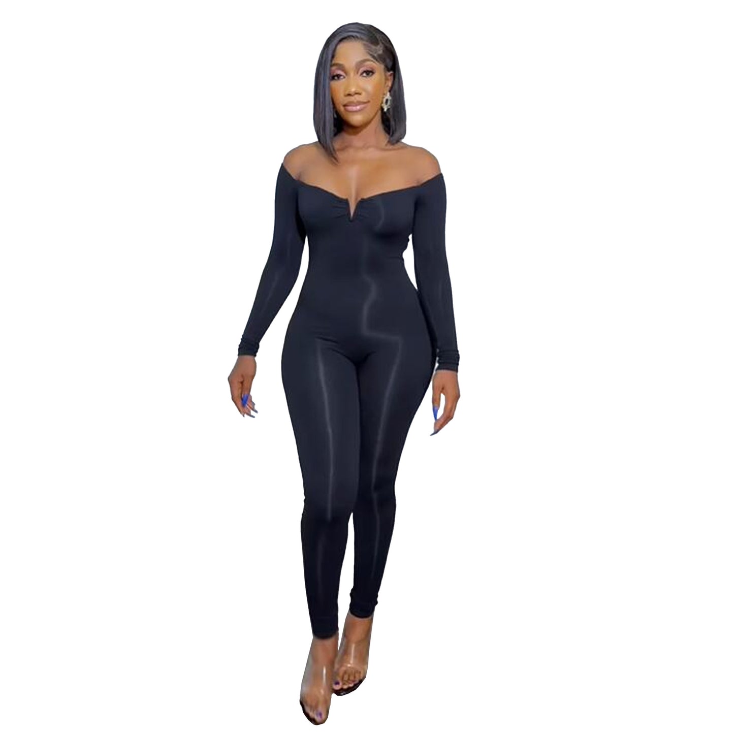 BamBam Women Sexy Solid V-Neck Off Shoulder Solid Long Sleeve Jumpsuit - BamBam Clothing