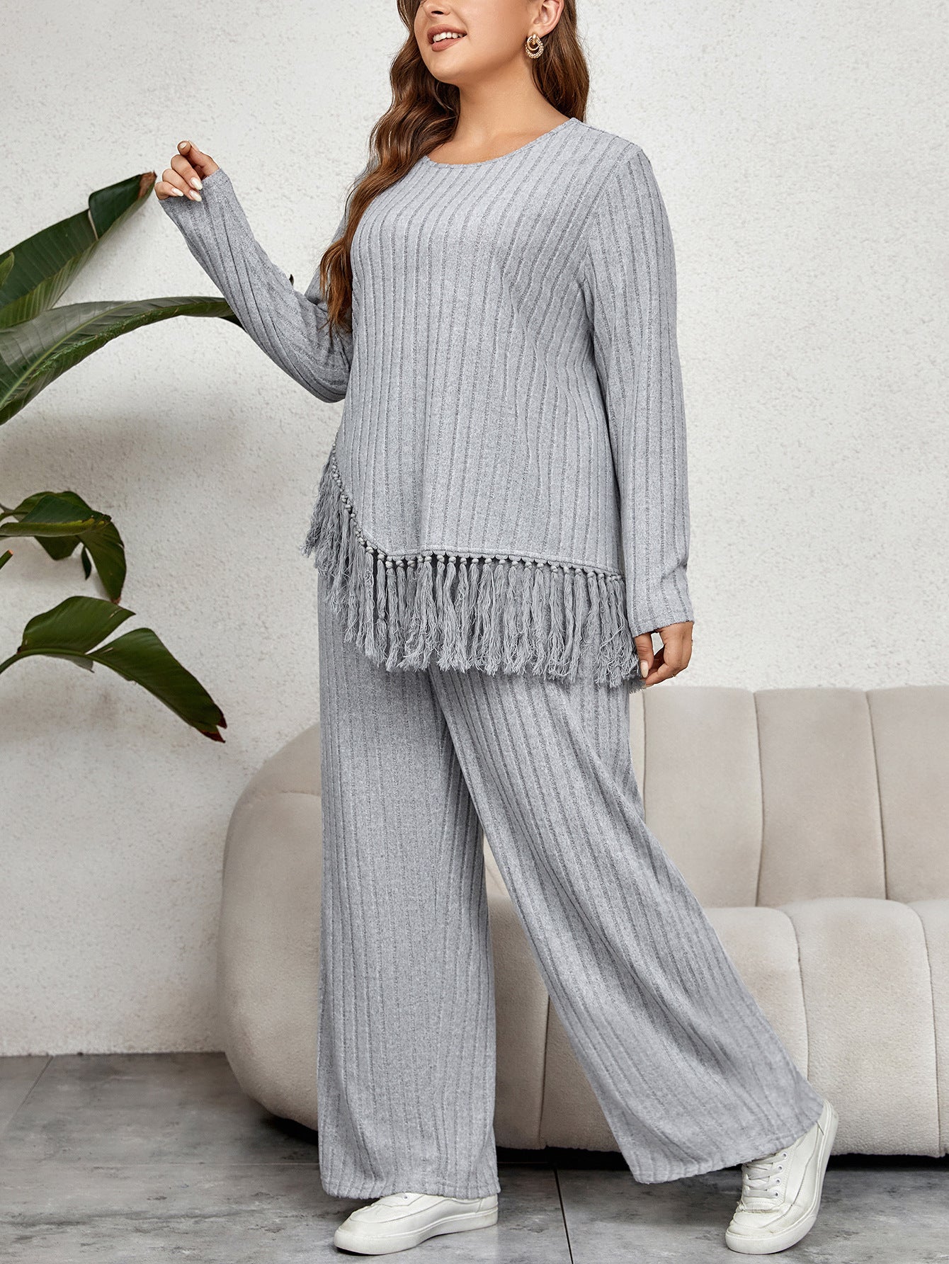 BamBam Irregular Fringed Long-Sleeved Top And Loose Wide-Leg Pants Suit - BamBam