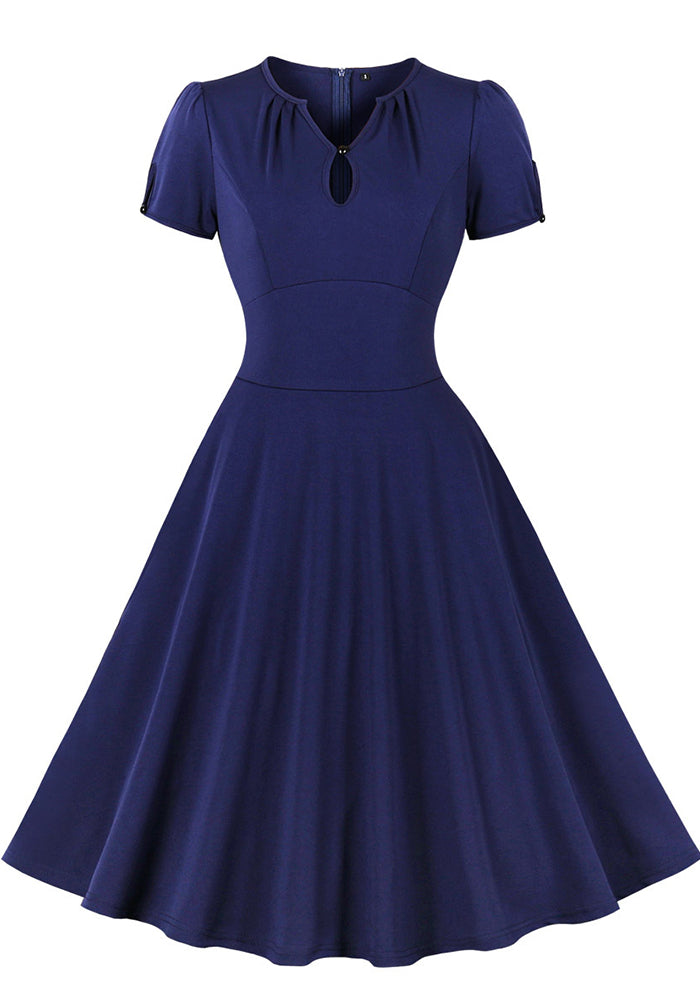 Women's Solid Color V-Neck Slim Waist Plus Size  Retro A-Line Swing Dress