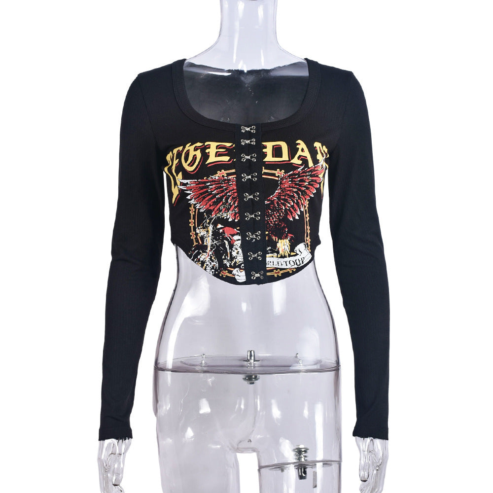 BamBam Women Autumn Printed Long Sleeve Sexy Crop Top - BamBam