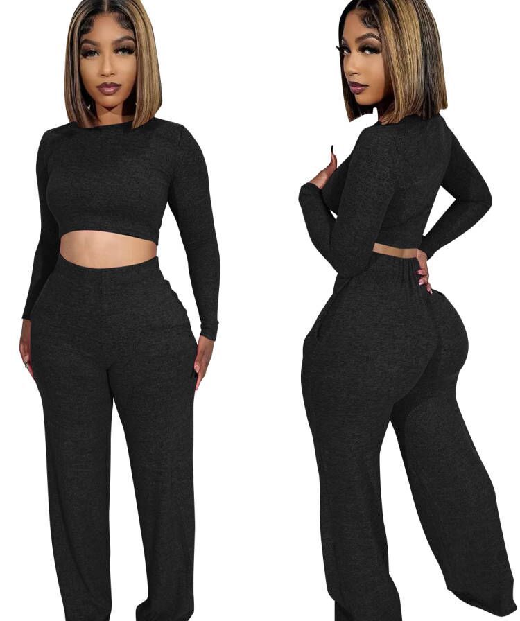 BamBam Women's Fashion Long Sleeve Crop Tops And Pants Casual Two Piece Set - BamBam