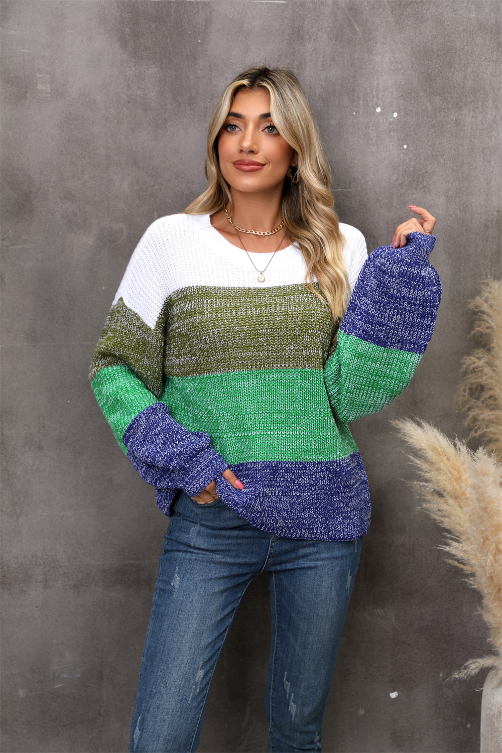 BamBam Autumn/Winter Patchwork Contrast Color Plus Size Loose Pullover Knitting Shirt - BamBam