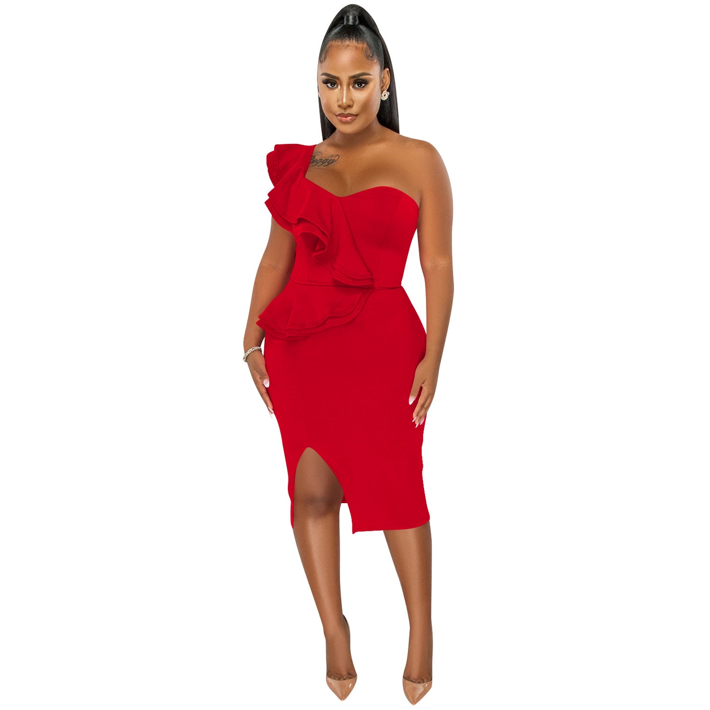 BamBam Fashion Casual Ruffle Slit One Shoulder Sleeve Dress Women - BamBam