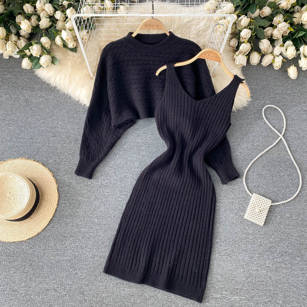 BamBam Women French sexy Bodycon Strap Dress +and loose knitting sweater two-piece set - BamBam