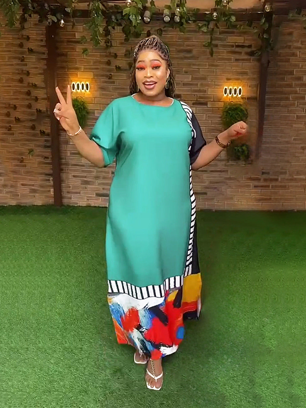 BamBam Plus Size African Women Graffiti Contrast Dress - BamBam