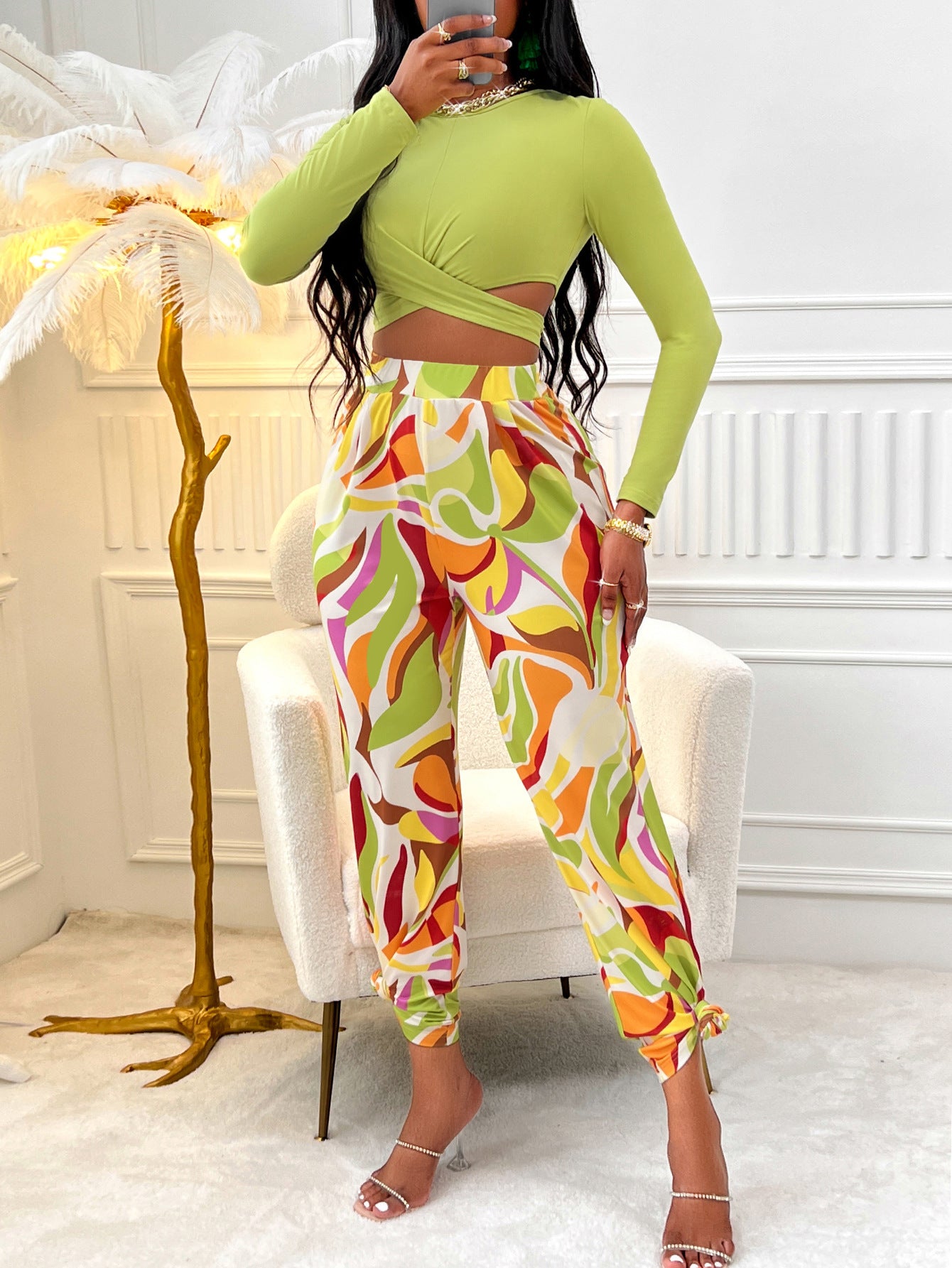BamBam Sexy Women's Casual Printed Round Neck Long Sleeve Top Printed Pants Set For Women - BamBam