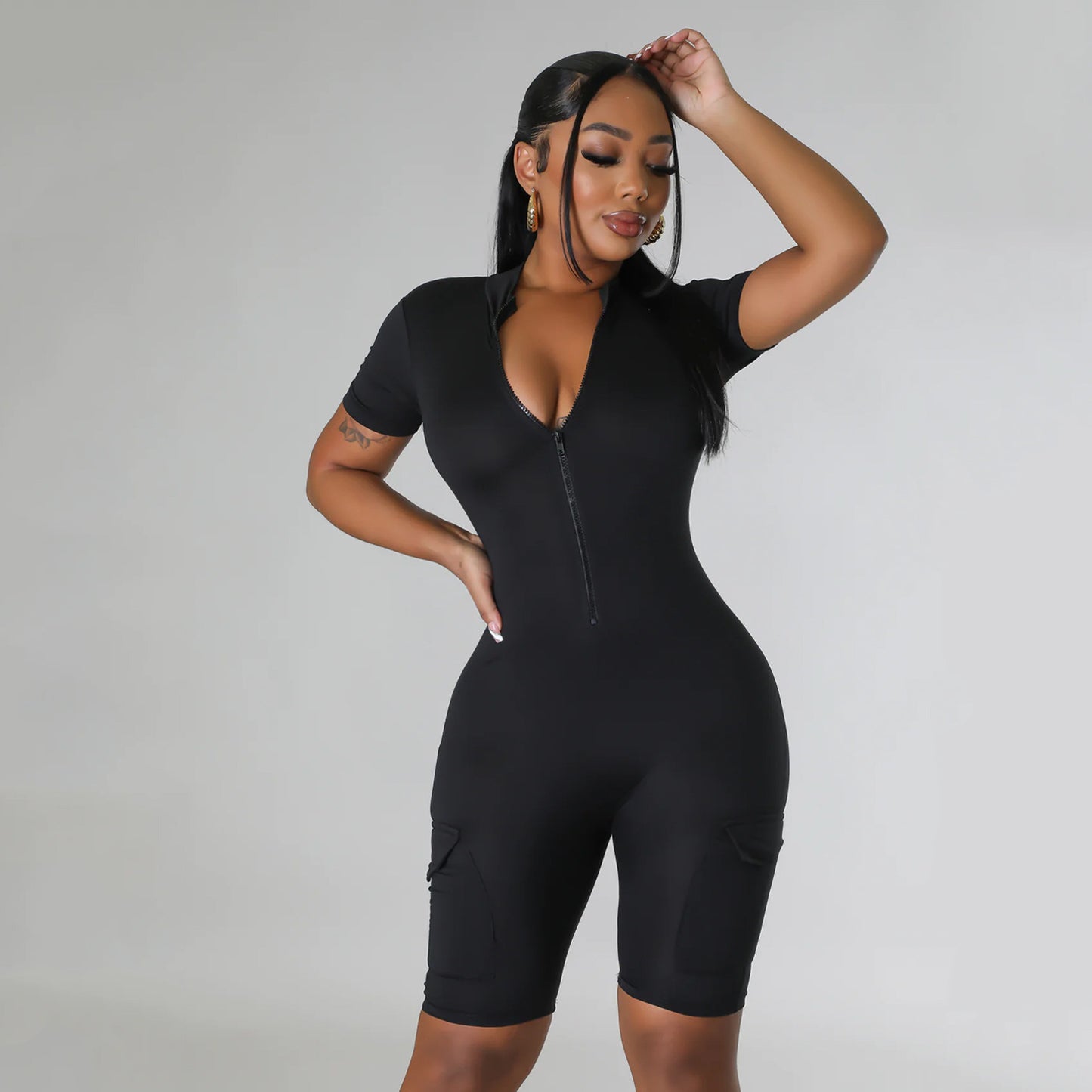 BamBam Summer Women's Sexy Tight Fitting Short Sleeve Solid Color Jumpsuit - BamBam