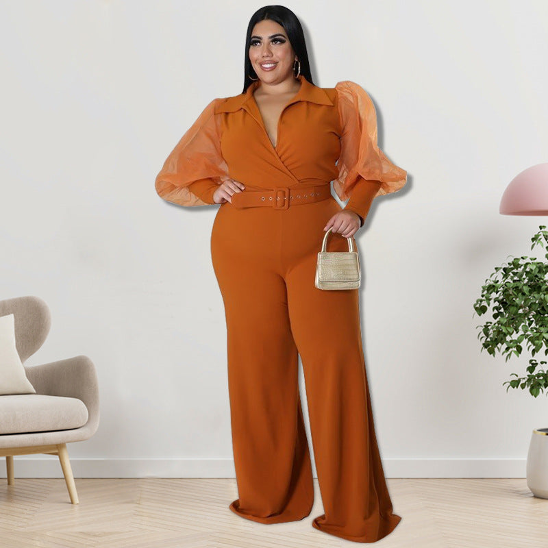 BamBam Plus Size Women Lapel Mesh Long Sleeve Jumpsuit with Belt - BamBam Clothing