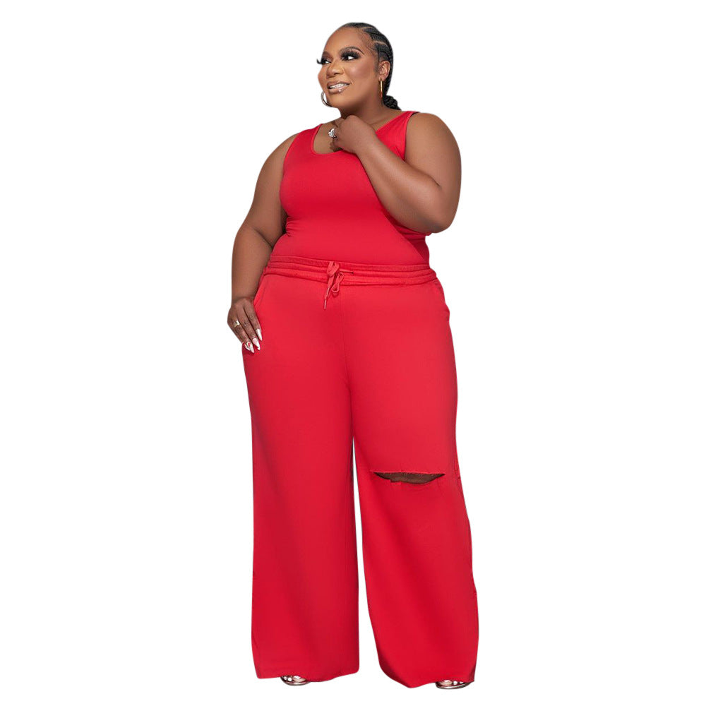 BamBam Plus Size Women Top and Ripped Wide Leg Pants Set of Two - BamBam