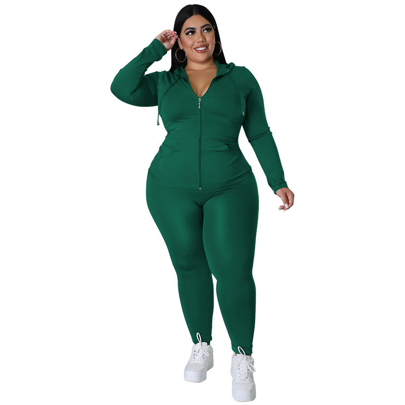 BamBam Plus Size Women's Solid Fall Hood Long Sleeve Pants Fashion Casual Set - BamBam Clothing