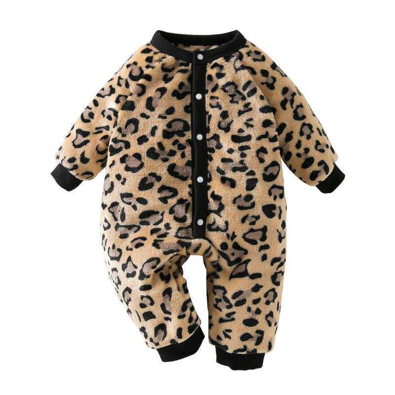 BamBam Autumn And Winter Newborn Baby Jumpsuit Warm Fleecee Long-Sleeved Baby Leopard Print Jumpsuit Cute Baby Crawling Set - BamBam