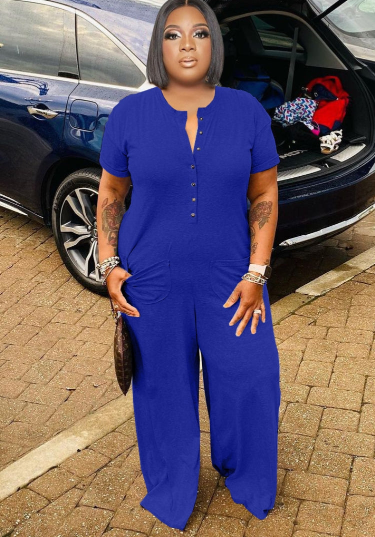 BamBam Women Summer Blue Casual O-Neck Short Sleeves Solid Pockets Full Length Loose Plus Size Jumpsuit - BamBam Clothing