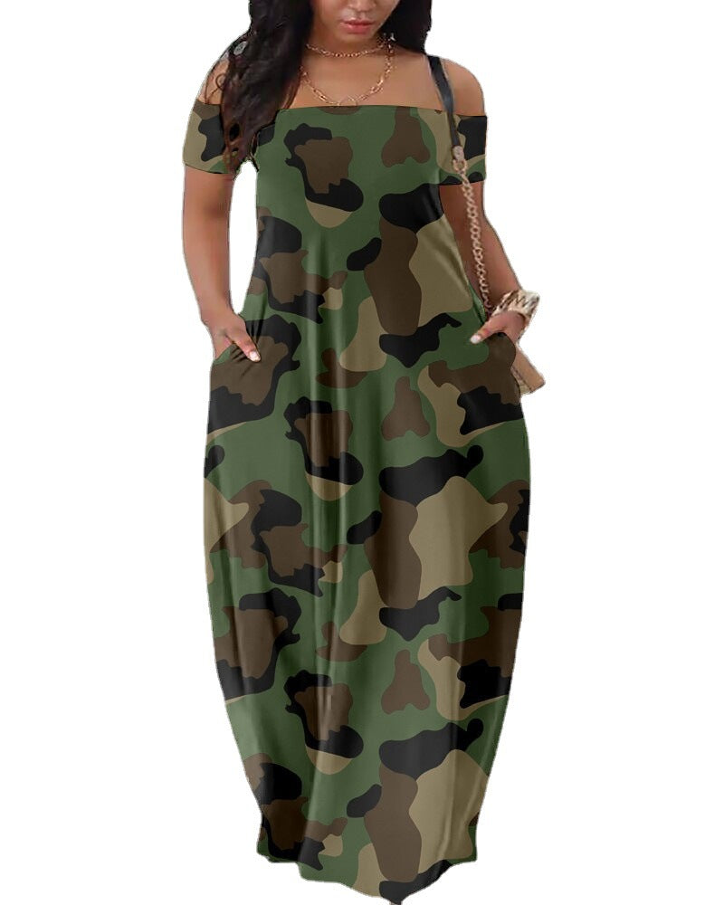 BamBam Summer Ladies Fashion Casual Sexy Print Off Shoulder Maxi Dress - BamBam