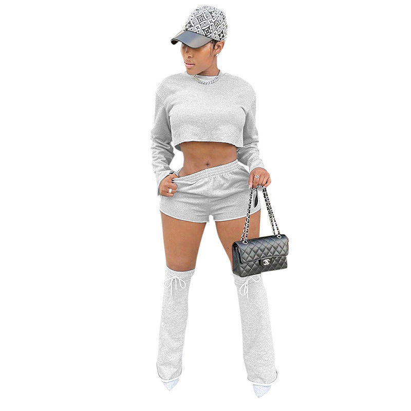 BamBam Women Autumn and Winter Long Sleeve Crop Top and Shorts and Legs Three-Piece - BamBam