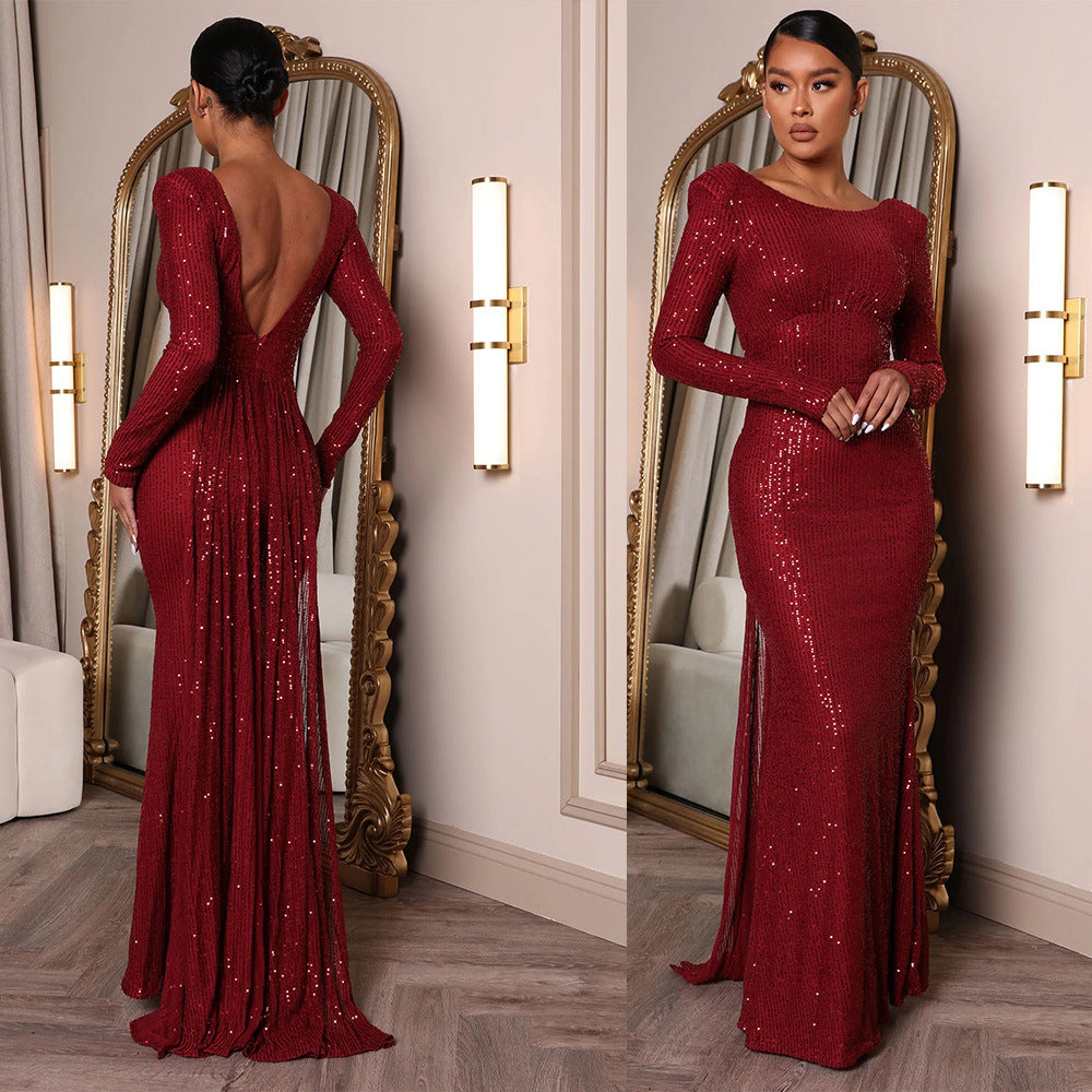 BamBam Women Sexy Backless Long Sleeve Slim Slit Formal Party Evening Dress - BamBam Clothing