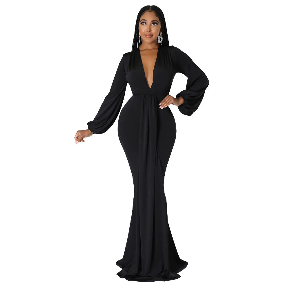 BamBam Women Autumn Sexy Slim Deep V-Neck Long Sleeve Dress Dress - BamBam Clothing