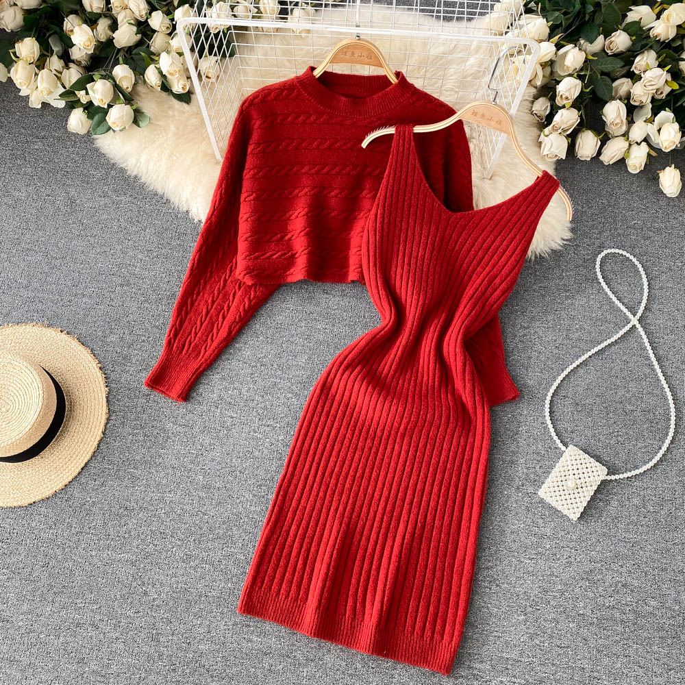 BamBam Women French sexy Bodycon Strap Dress +and loose knitting sweater two-piece set - BamBam