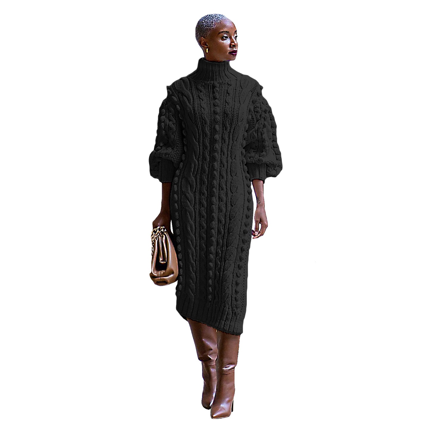 BamBam Women's Casual High Neck Slit Knitting Long Sweater Dress - BamBam