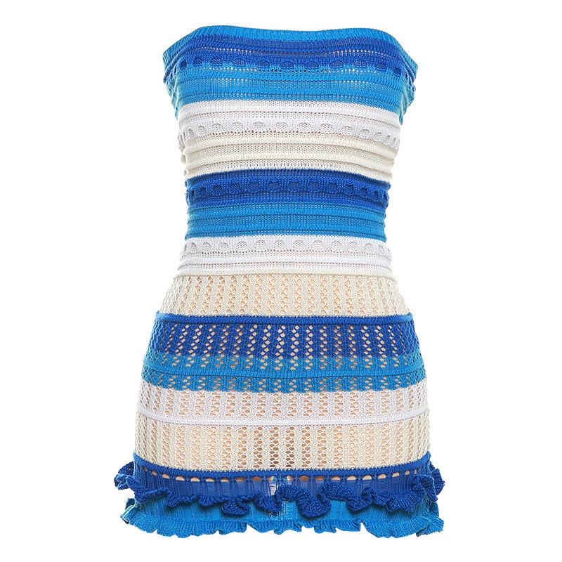 BamBam Summer Women Sexy Strapless Backless Color Block Lace Knitting Dress - BamBam