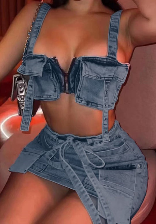 Women Denim Strapless 3D Pocket Top and Skirt Two-piece Set