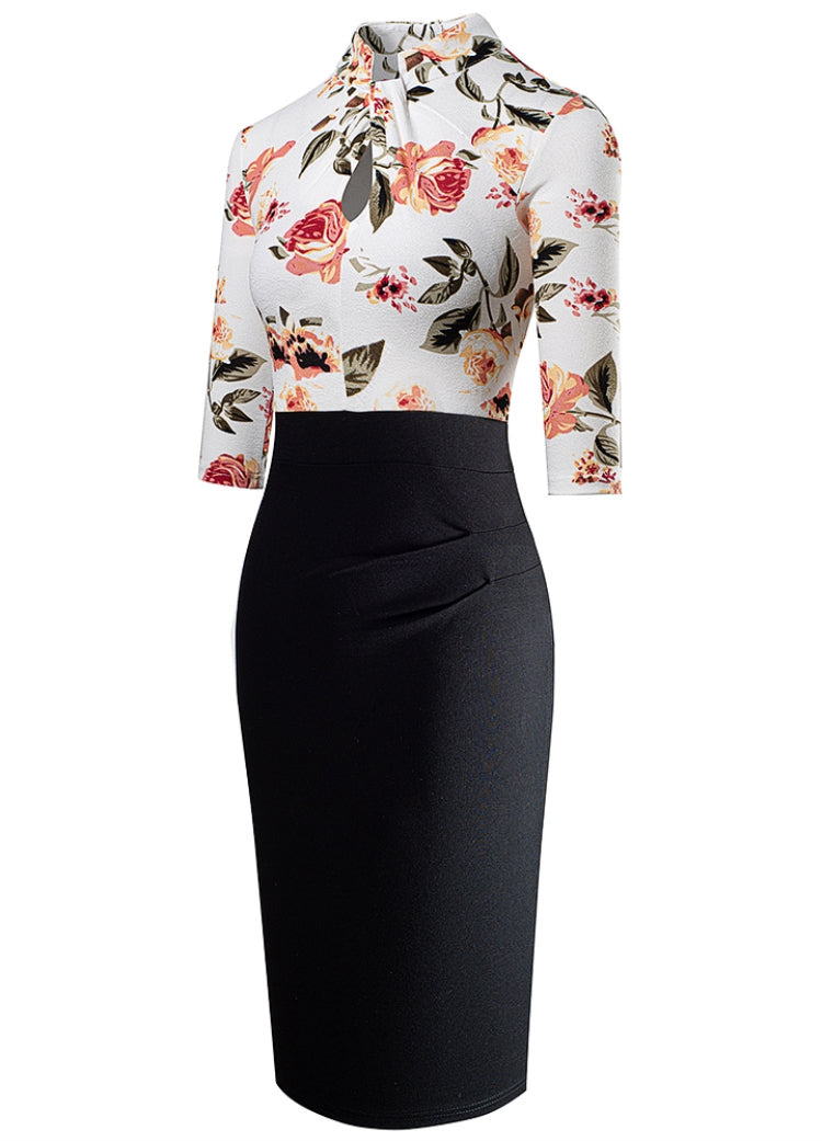 BamBam Fall White Floral Patch Black Keyhole Long Sleeve Office Dress - BamBam