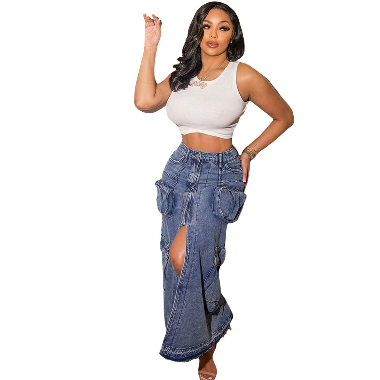 BamBam Fashionable Pocket Slit Stretch Denim Skirt - BamBam