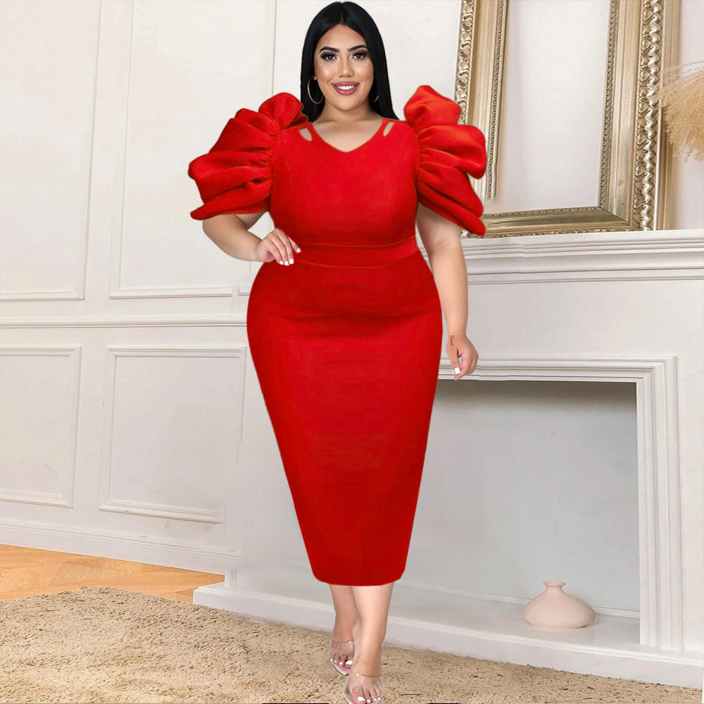 BamBam Plus Size Women Cut Out Round Neck Solid Pleated Short Sleeve Bodycon Dress - BamBam Clothing