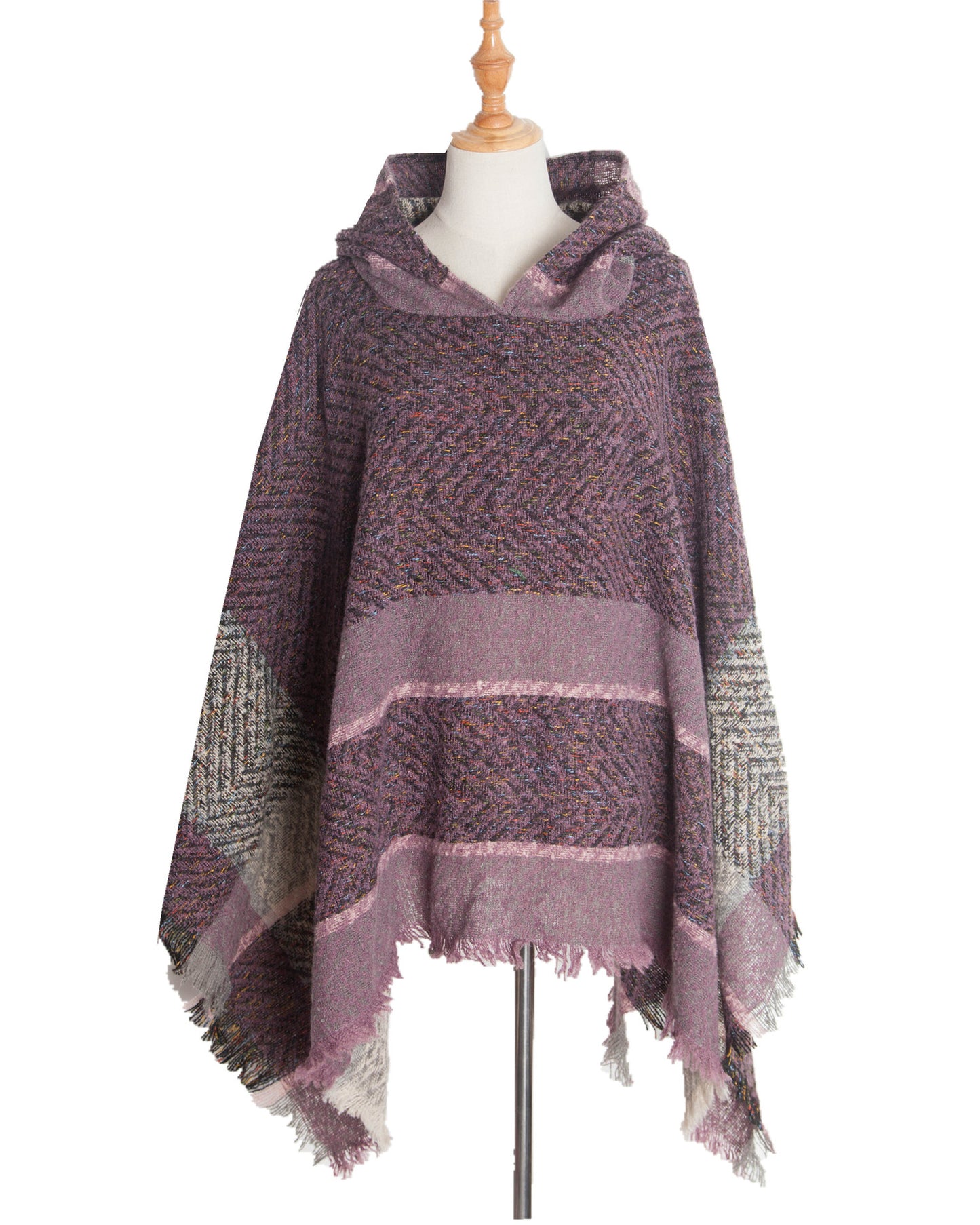 BamBam Women herringbone pattern hooded shawl cloak - BamBam