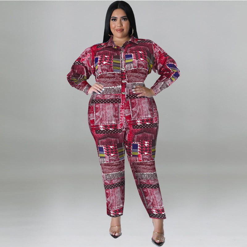 BamBam Plus Size Women's Fall Print Long Sleeve Jumpsuit - BamBam Clothing