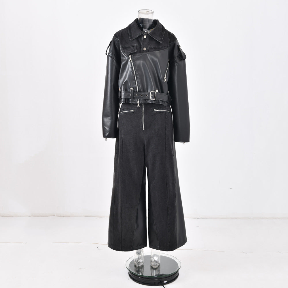 BamBam Autumn And Winter New Denim Patchwork Pu Jacket + Super Wide-Leg Pants Two-Piece Set - BamBam