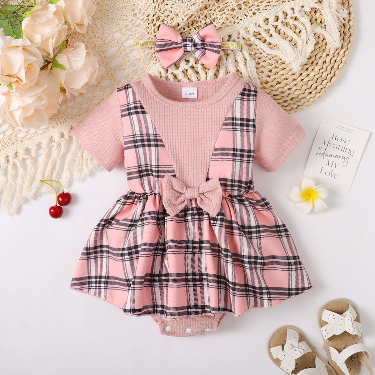 BamBam Girl Plaid Print Short Sleeve Romper+ Headgear - BamBam